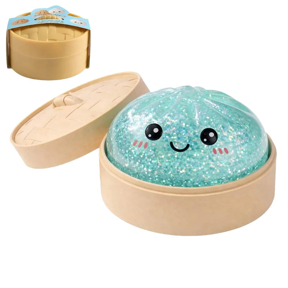 A light blue, squishy, dumpling-shaped stress relief toy is shown in its open and closed packaging.