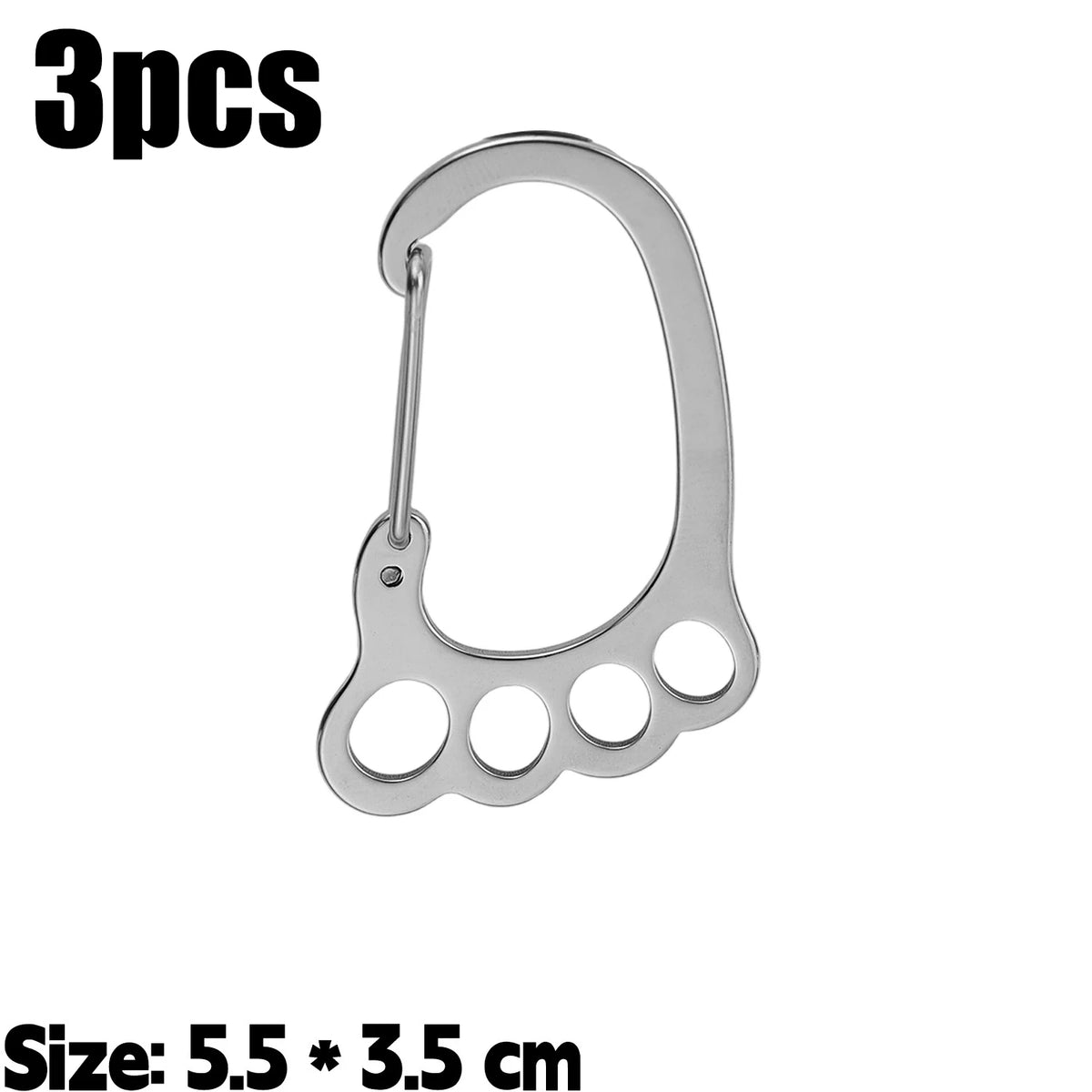 Three stainless steel keychains with multi-loop designs, measuring 5.5 by 3.5 cm.