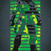 A stylized poster of Master Chief in green and black tones, featuring a striped background.