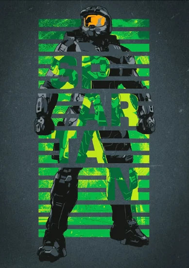 A stylized poster of Master Chief in green and black tones, featuring a striped background.