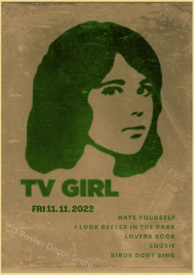 A vintage poster featuring a portrait of a woman with dark hair and the text TV GIRL and performance details.