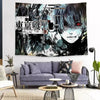 A large tapestry featuring a dark, stylized anime character with intense eyes and Japanese text against a black and white bac