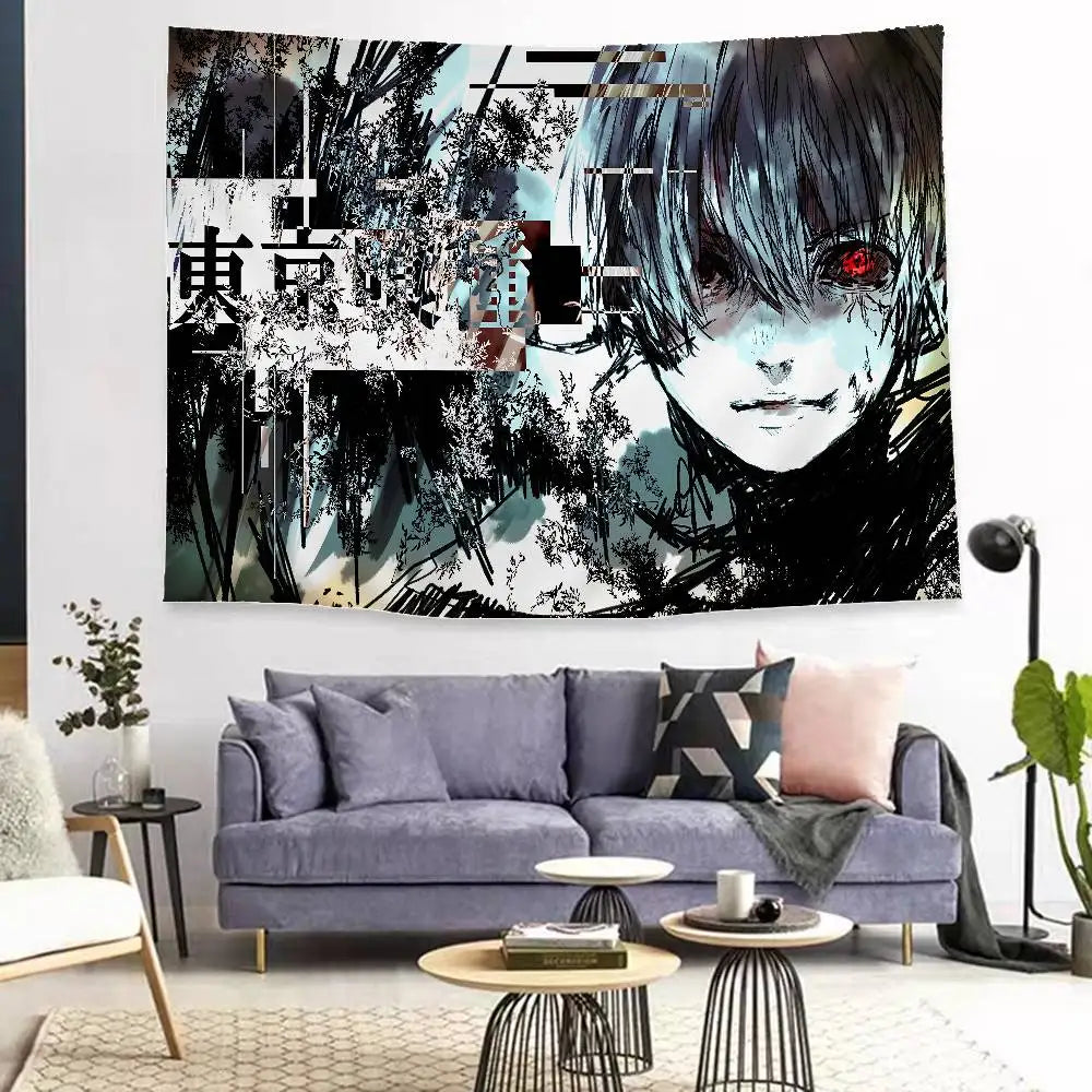 A large tapestry featuring a dark, stylized anime character with intense eyes and Japanese text against a black and white bac