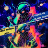 A stylized alien figure wearing headphones glows with vibrant neon colors under UV and black light.