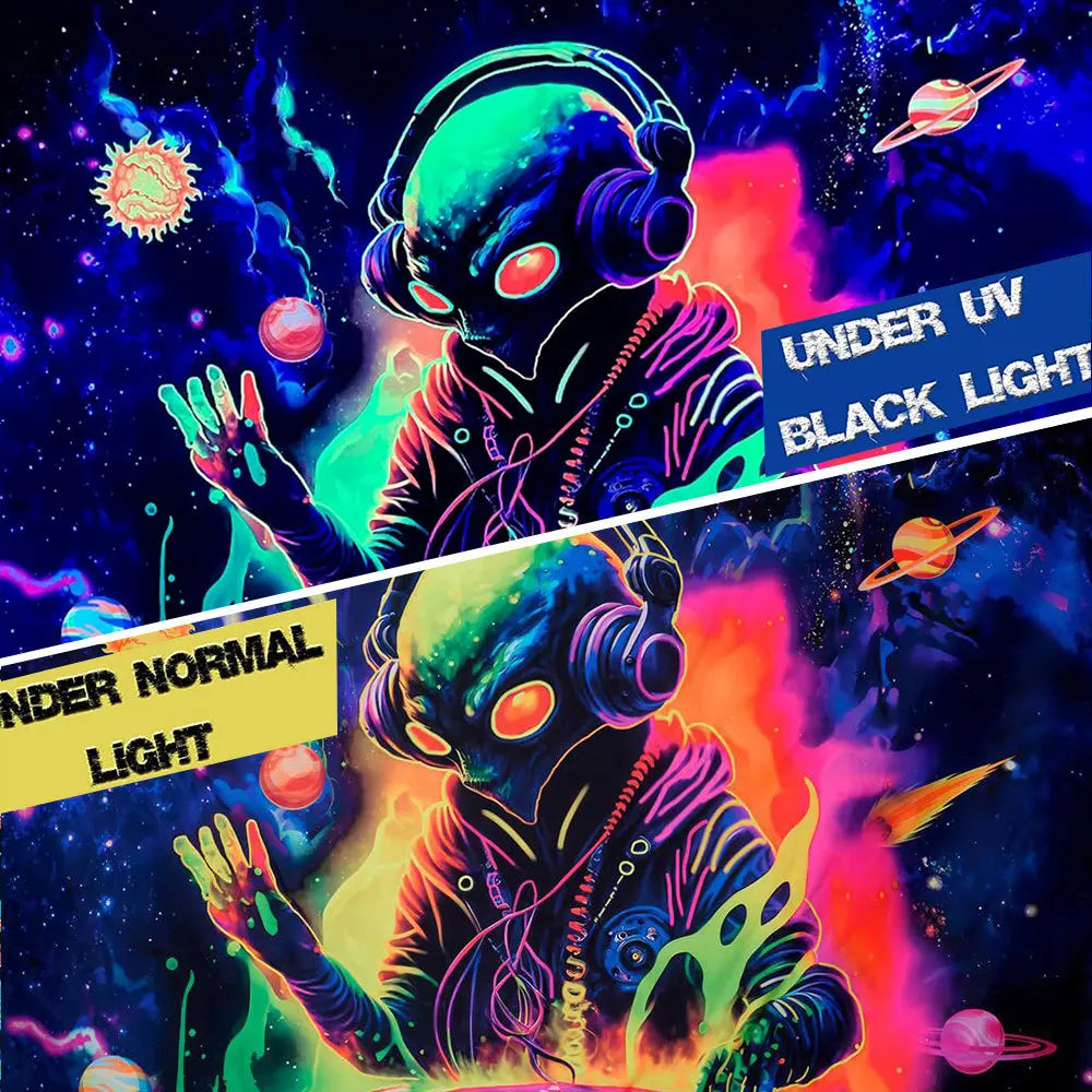 A stylized alien figure wearing headphones glows with vibrant neon colors under UV and black light.