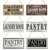 A collection of vintage wooden farmhouse hanging signs featuring text like Laundry Room and Pantry.