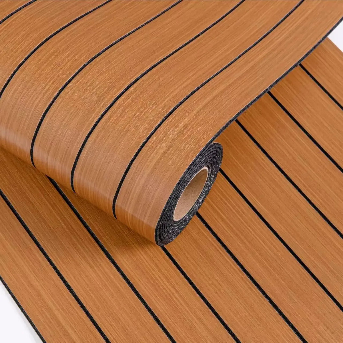 Roll of self-adhesive 3D wood grain wall panels showing the textured surface and adhesive backing.