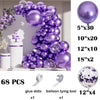A purple balloon garland arch kit featuring various sizes of balloons and confetti accents for decoration.