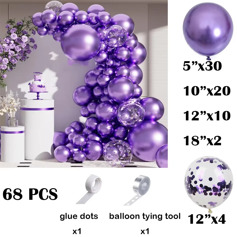 A purple balloon garland arch kit featuring various sizes of balloons and confetti accents for decoration.