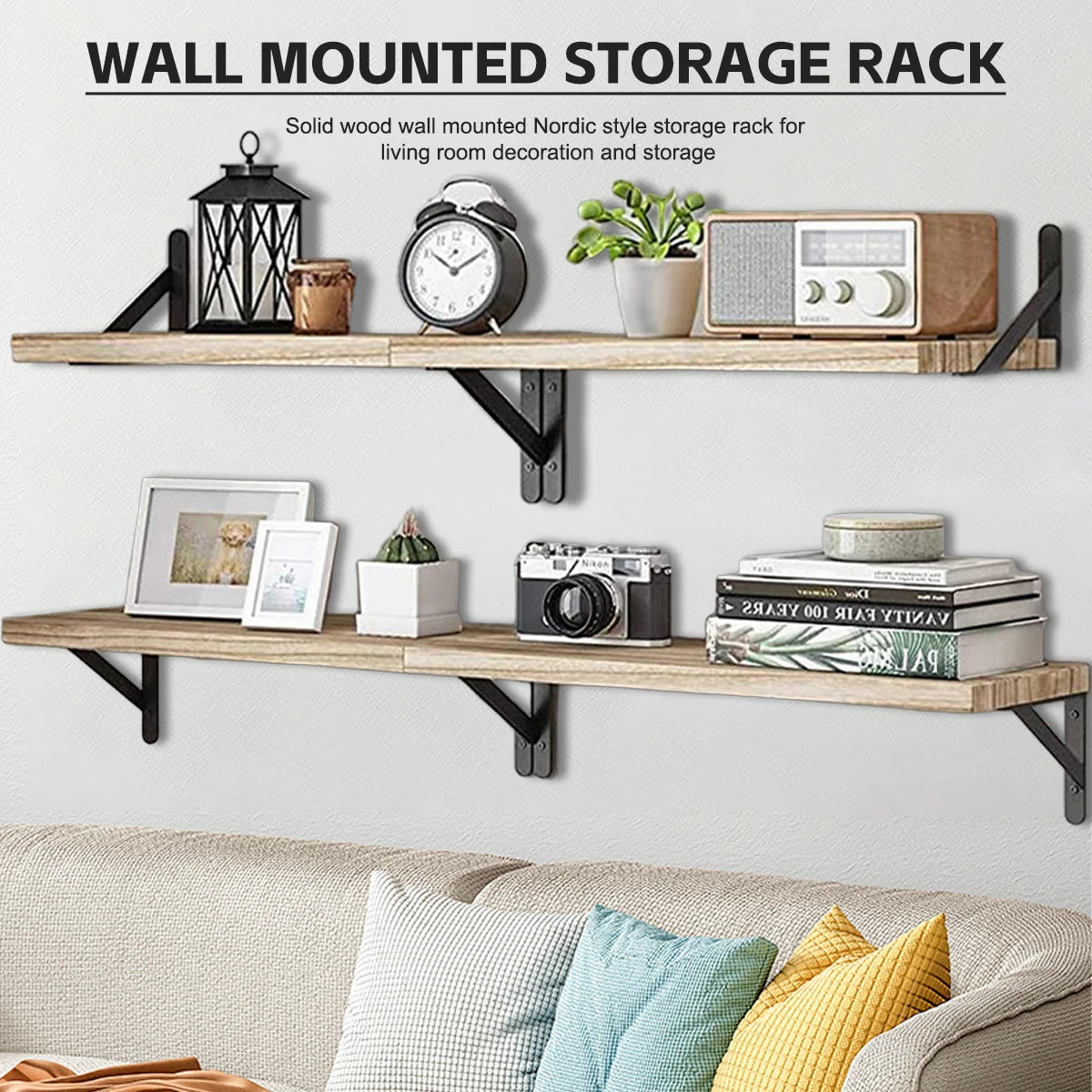 A wall-mounted storage rack made of solid wood with various decorative items and books displayed on two floating shelves.