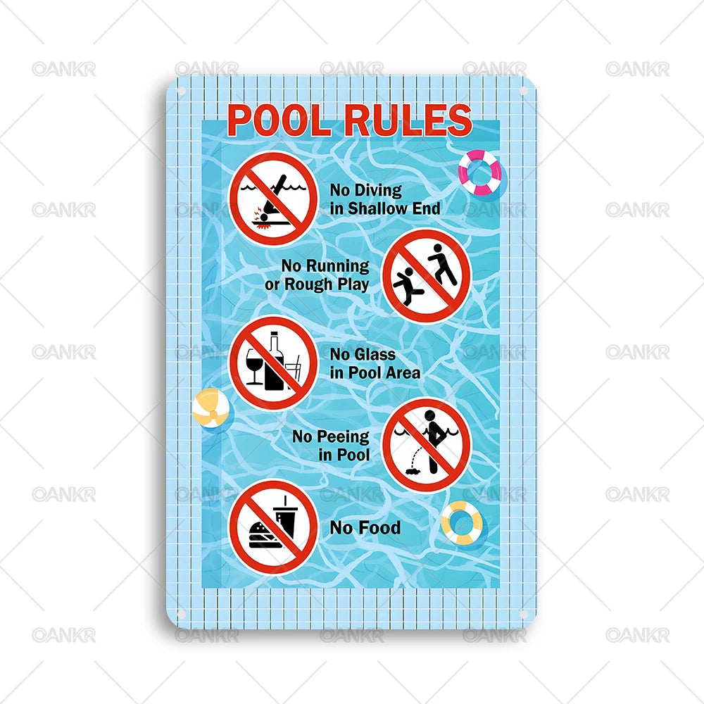 Panneau métallique bleu listant les règles de la piscine : interdiction de plonger, courir, verre, uriner et manger dans la z