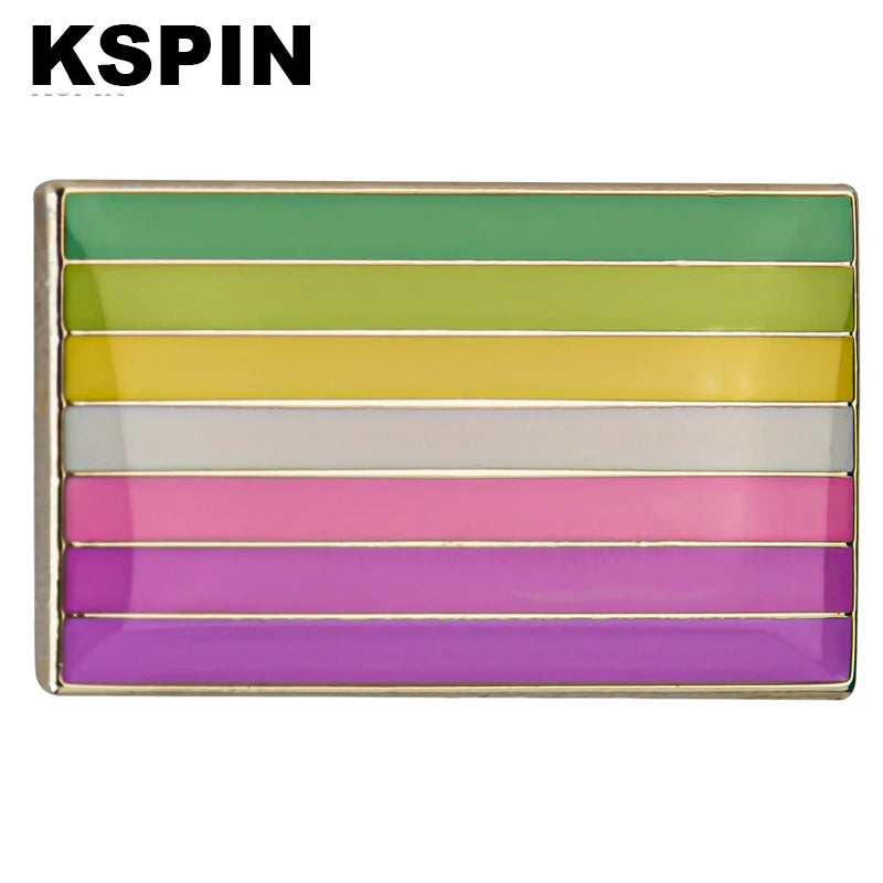 A rectangular lapel pin featuring horizontal stripes of various pastel colors including green, yellow, white, and pink.