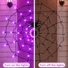 A split image showing a purple LED spider web light display turned on and off for Halloween decor.