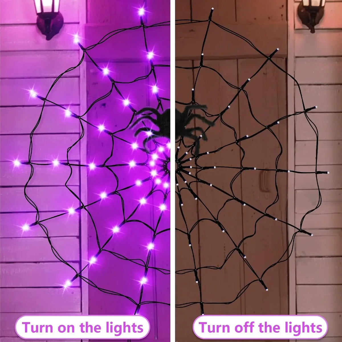 A split image showing a purple LED spider web light display turned on and off for Halloween decor.