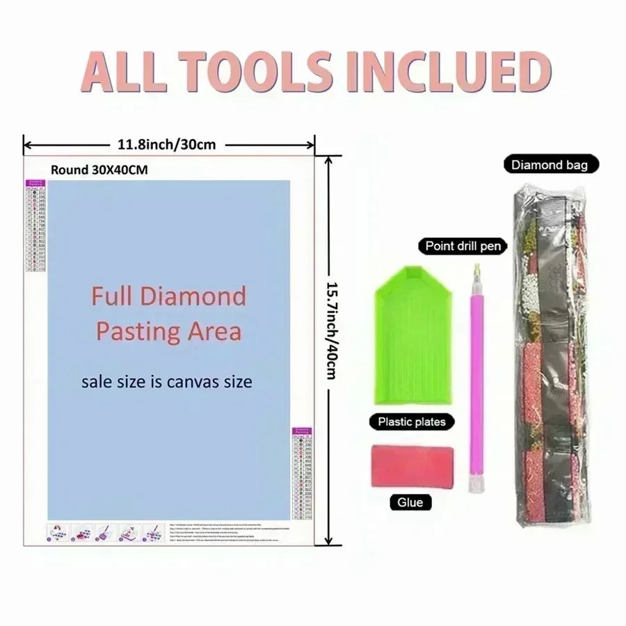 Diamond painting kit including a round canvas, point drill pen, plastic plates, and glue.