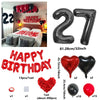 A set of red and black birthday balloons including a 27-inch number balloon, heart balloons, and solid colored balloons.