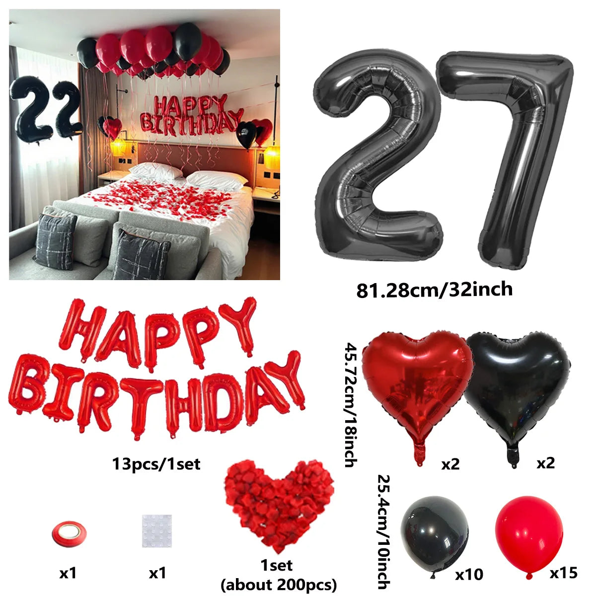 A set of red and black birthday balloons including a 27-inch number balloon, heart balloons, and solid colored balloons.