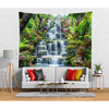 Panoramic waterfall rainforest tapestry wall art featuring lush green foliage and cascading water.
