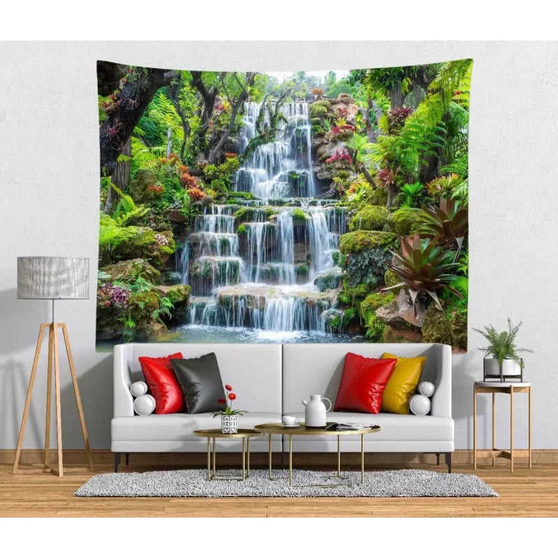 Panoramic waterfall rainforest tapestry wall art featuring lush green foliage and cascading water.