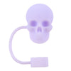 A purple reusable silicone straw cover shaped like a skull with a loop for attachment.