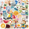 A collection of summer-themed stickers featuring fruits, sea creatures, tropical plants, and various colorful designs.