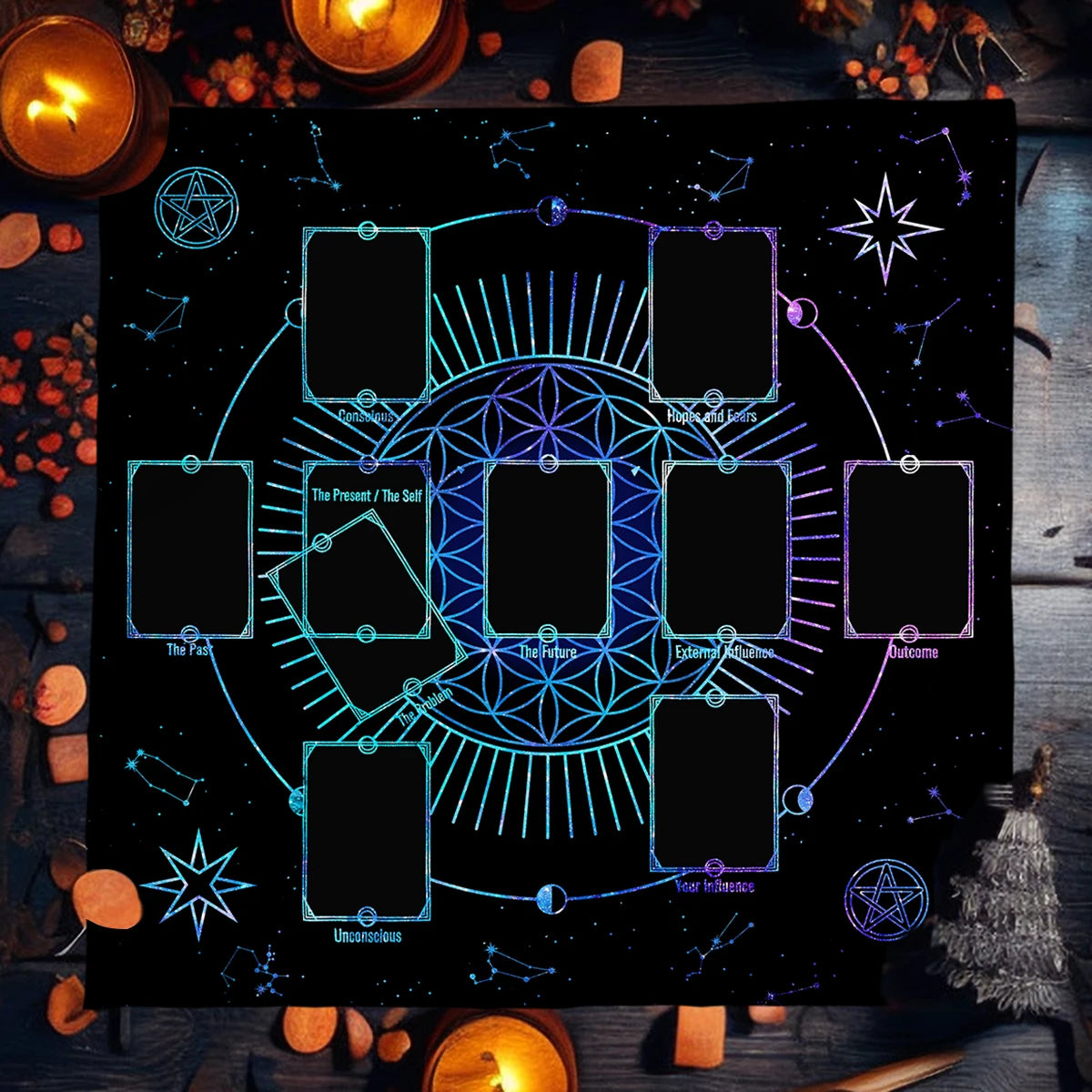 A dark cloth featuring a glowing Celtic Cross design with various tarot symbols and celestial elements for altar use.