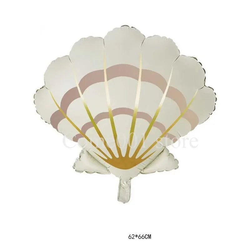A set of foil balloons featuring mermaid, dolphin, and seashell decorations in white and gold tones.