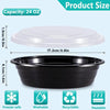 Black round meal prep container with a clear lid, showing capacity and features like freezer safe and heatable.