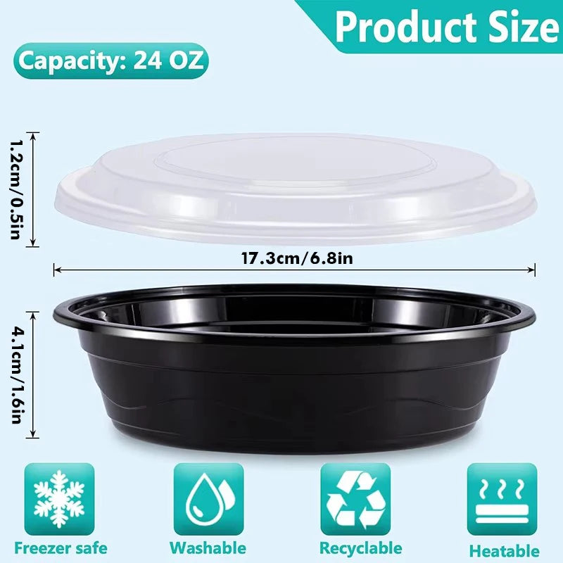 Black round meal prep container with a clear lid, showing capacity and features like freezer safe and heatable.