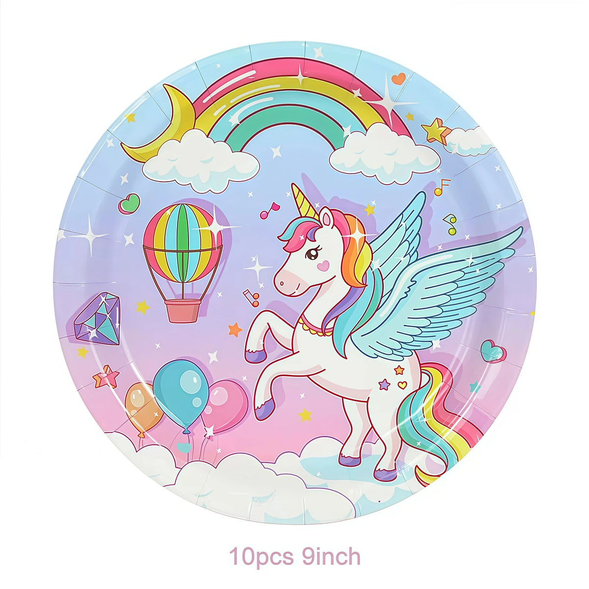 A plate featuring a unicorn theme with a rainbow, clouds, balloons, and stars.