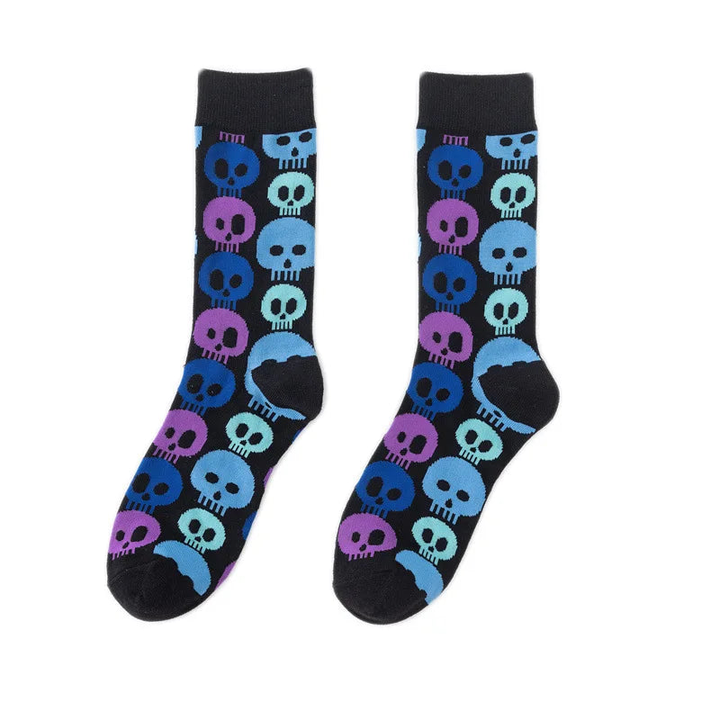Pair of novelty crew socks featuring skull, alien, and tiger prints in blue, purple, and black.