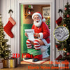 A festive Christmas themed door cover featuring Santa Claus and reindeer figures on a toilet.