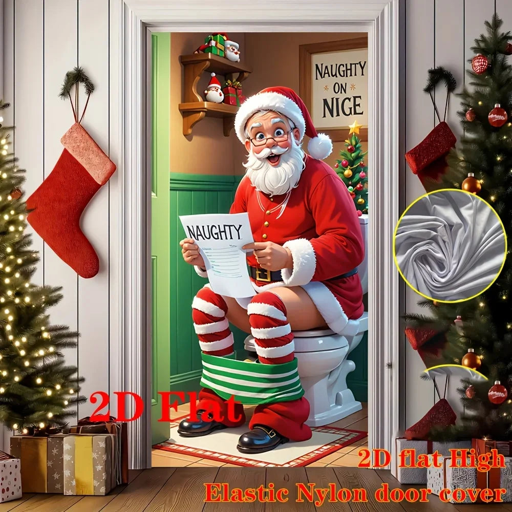 A festive Christmas themed door cover featuring Santa Claus and reindeer figures on a toilet.
