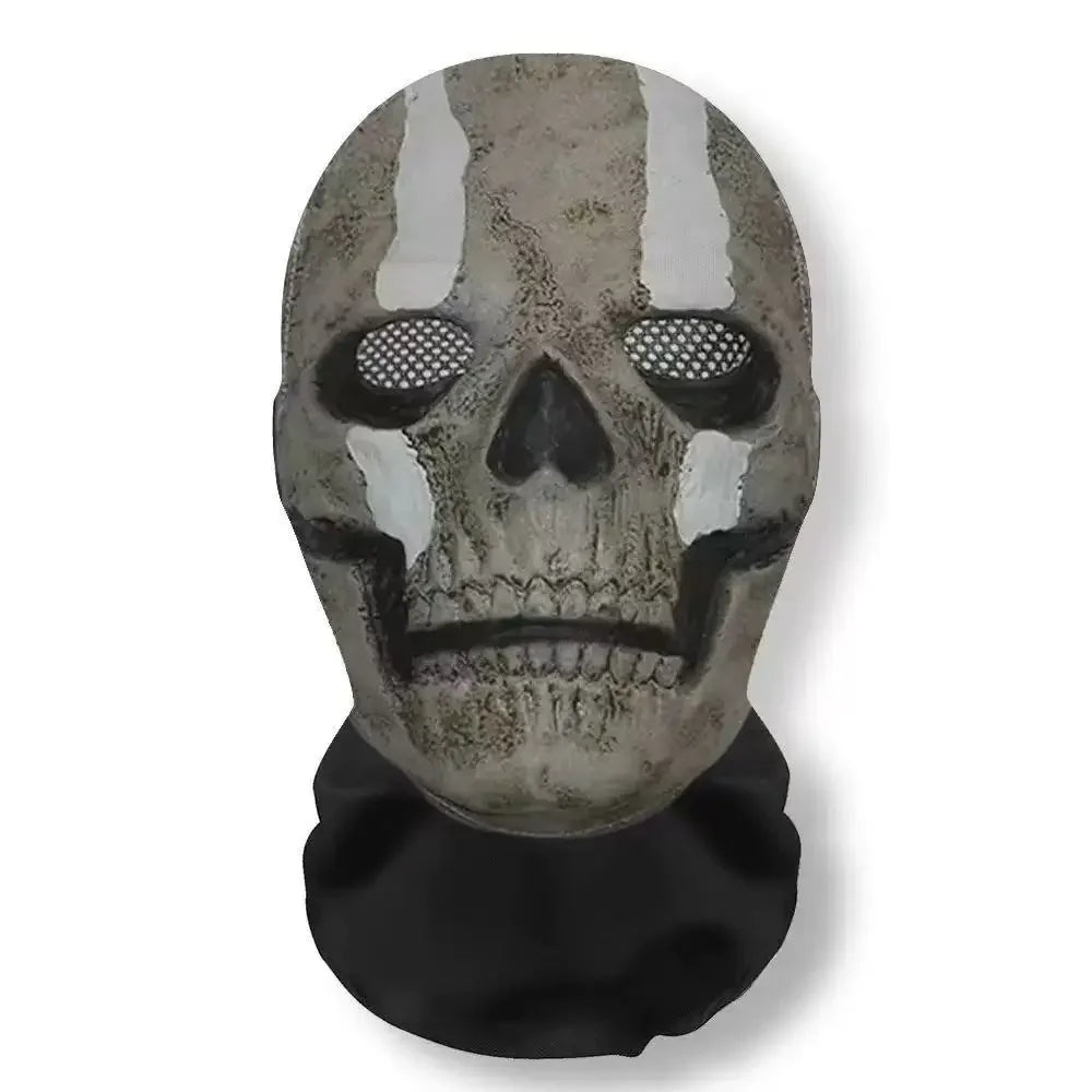 A weathered skull mask with white stripes, used as funny carnival headgear for cosplay.