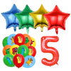 A set of colorful foil balloons and a large red inflatable number five for a birthday party decoration.