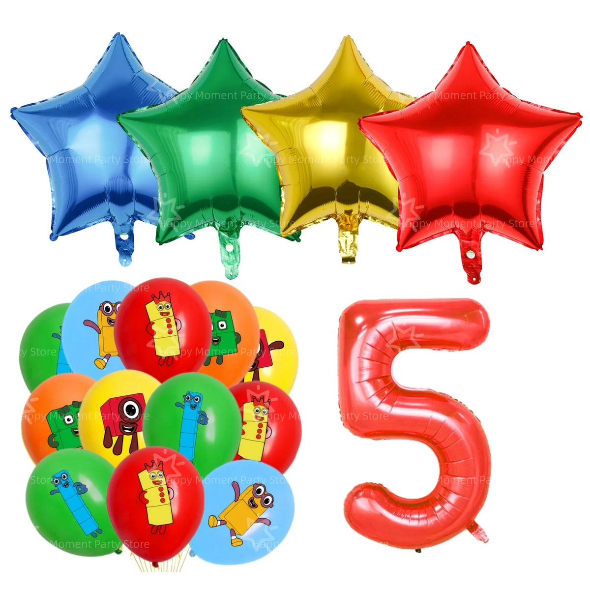 A set of colorful foil balloons and a large red inflatable number five for a birthday party decoration.