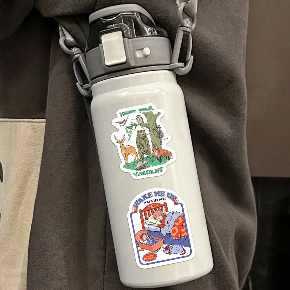 A white water bottle with a nature-themed sticker featuring wildlife and text.