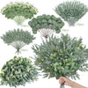A collection of green and silvery-green artificial eucalyptus leaves bundled for DIY decor.