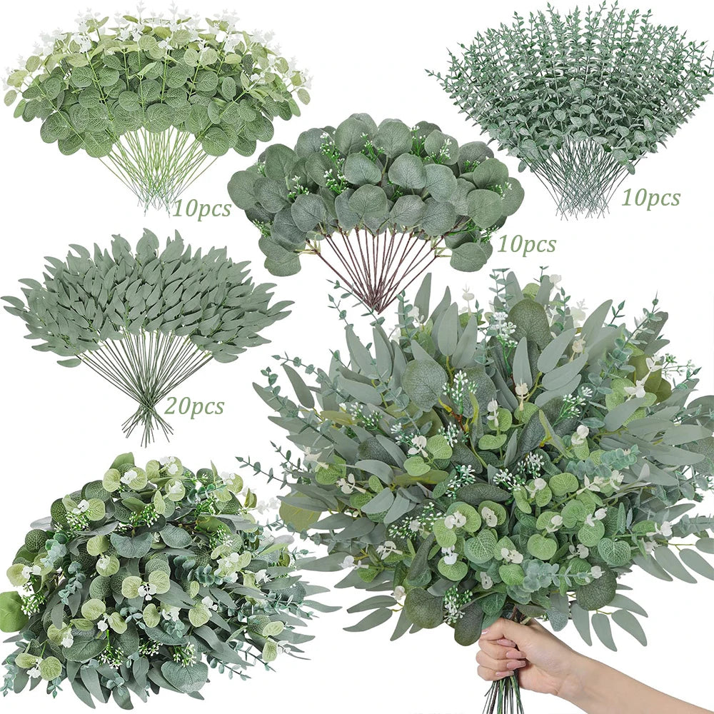 A collection of green and silvery-green artificial eucalyptus leaves bundled for DIY decor.