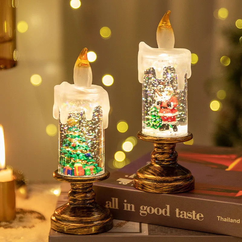 A festive snowflake candle wind lamp in a glass holder with a gold flame on a wooden base.