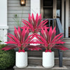Dos plantas tropicales artificiales de color rosa vibrante en macetas blancas, exhibidas en escalones exteriores.