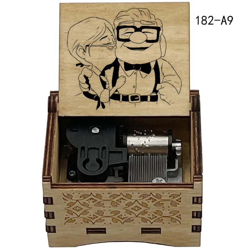 A wooden music box featuring a drawing of a man and woman, with internal mechanical components.