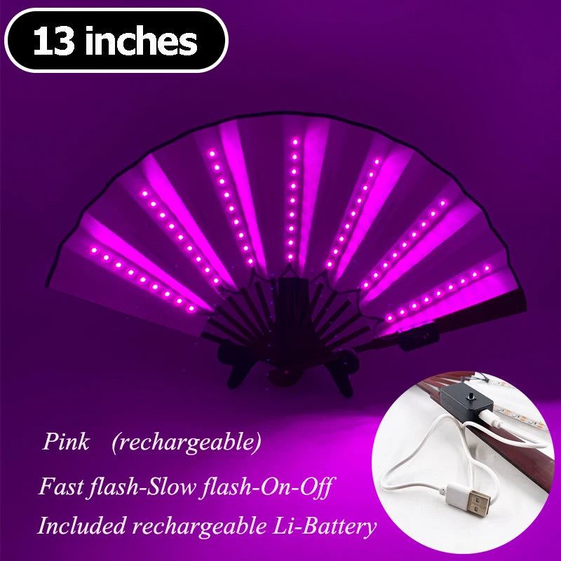 A purple multi-mode LED party fan with a pleated design is shown, featuring a pink light and an included rechargeable Li-batt
