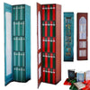 A vertical advent calendar box featuring a green and red theme with numbered doors and book ornaments.