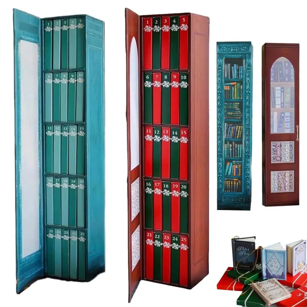 A vertical advent calendar box featuring a green and red theme with numbered doors and book ornaments.