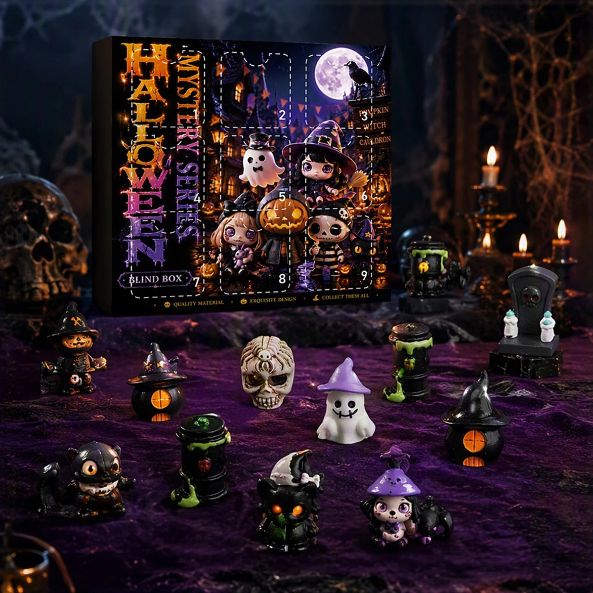 A collection of dark and spooky resin figurines featuring Halloween themes displayed in a box.