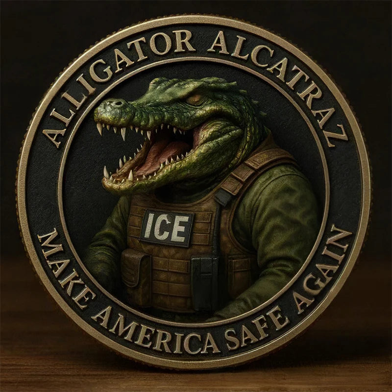 A round collectible coin featuring a detailed illustration of an alligator with the text Alligator Alcatraz and Make America 