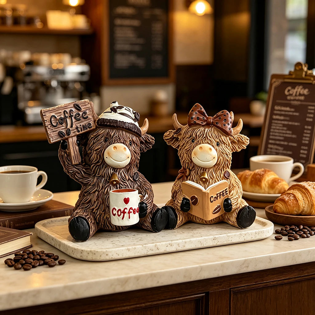 A cute coffee cow figurine with horns and a hat sits on a light tray next to a cup of coffee.