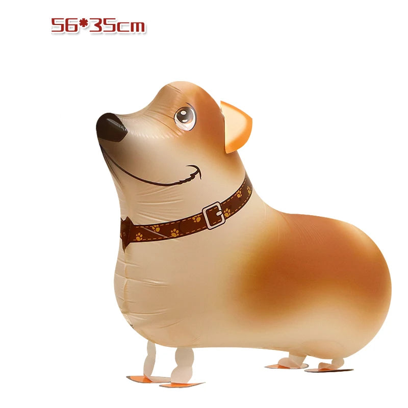 A golden-brown cartoon dog foil balloon shaped like a dog, used for birthday party decor.