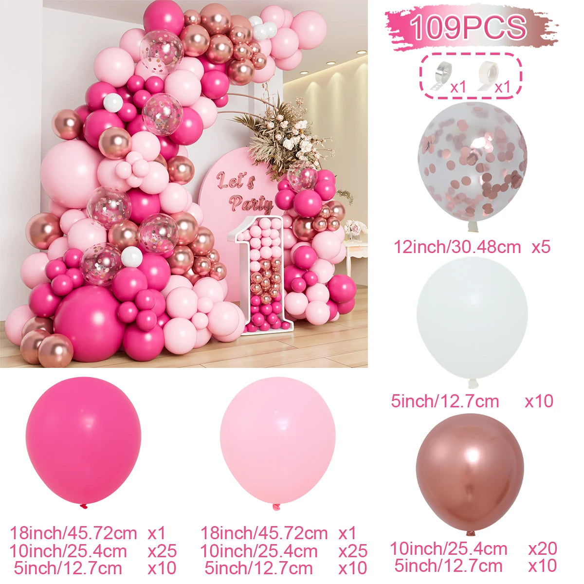 A large arrangement of pink and rose gold latex balloons in various sizes and colors for celebrations